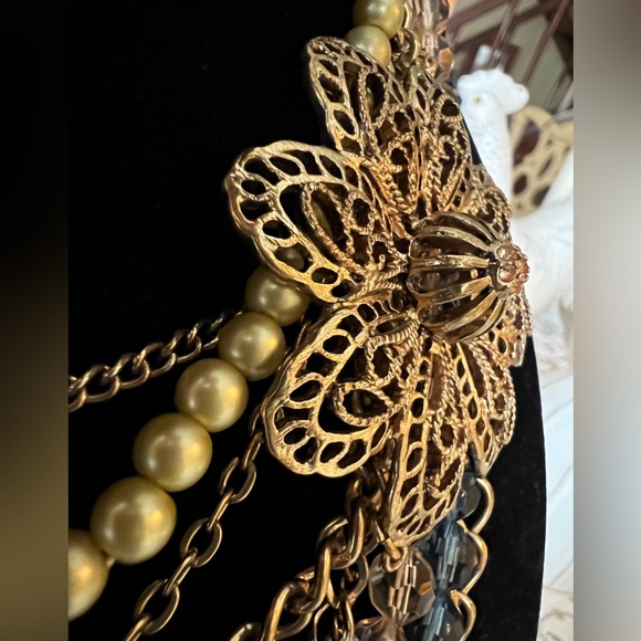 Vintage Multi Strand Statement Necklace w/Floral Openwork Ornament - Picture 4 of 7